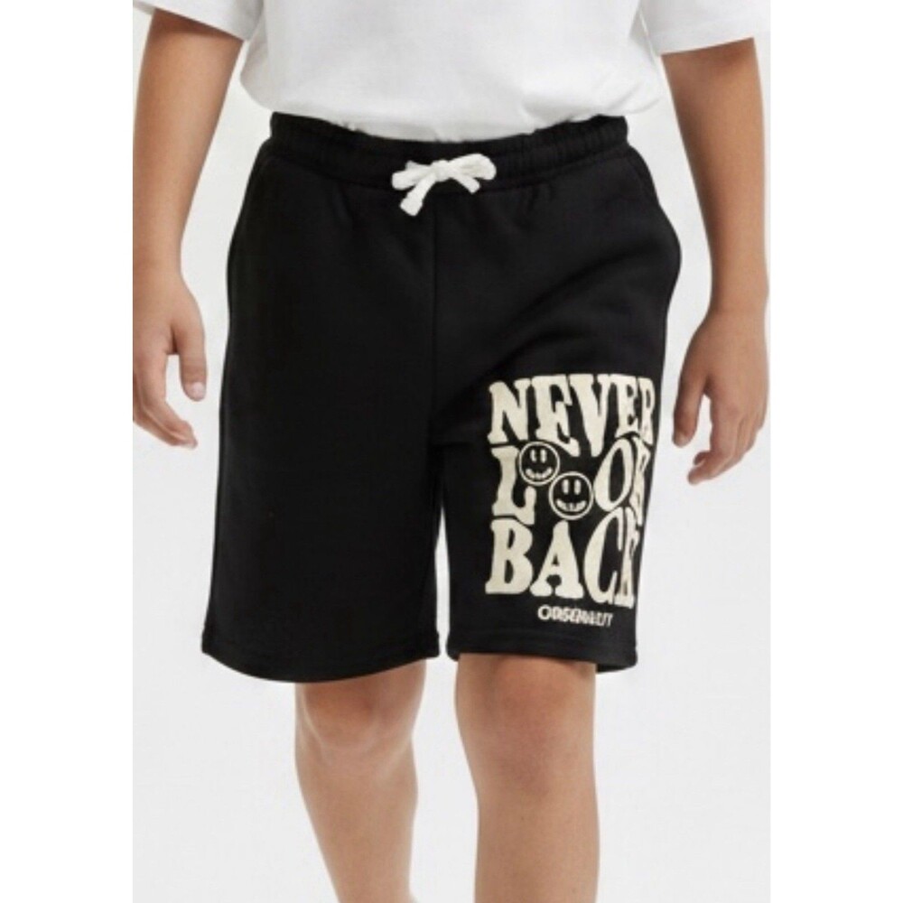 Kids Black Graphic Shorts “Never Look Back” Size 11-12Y Drawstring